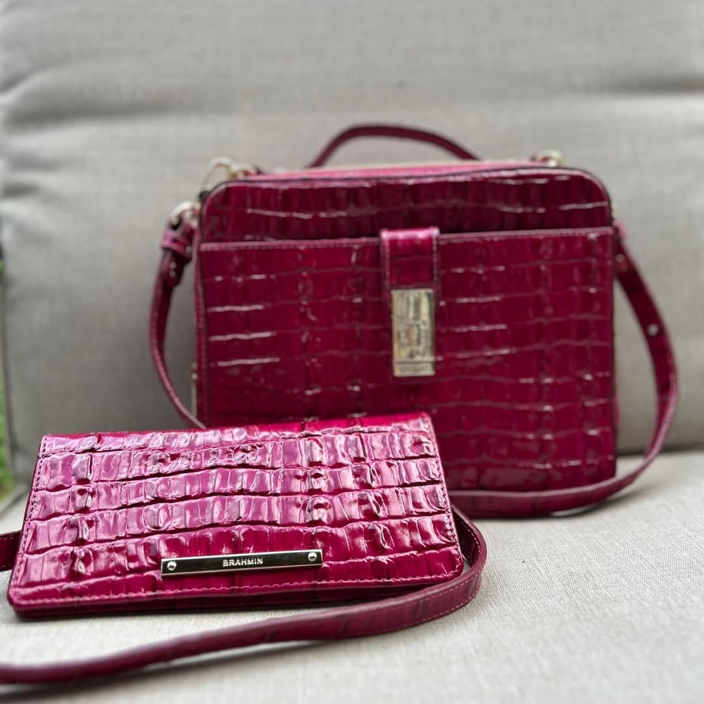 Brahmin Pink Croc-Embossed Women's Bag   And Wallet